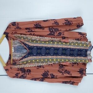 Mason Belle Womens Rusty orange Floral PEASANT top tassels boho hippie Sz.XL